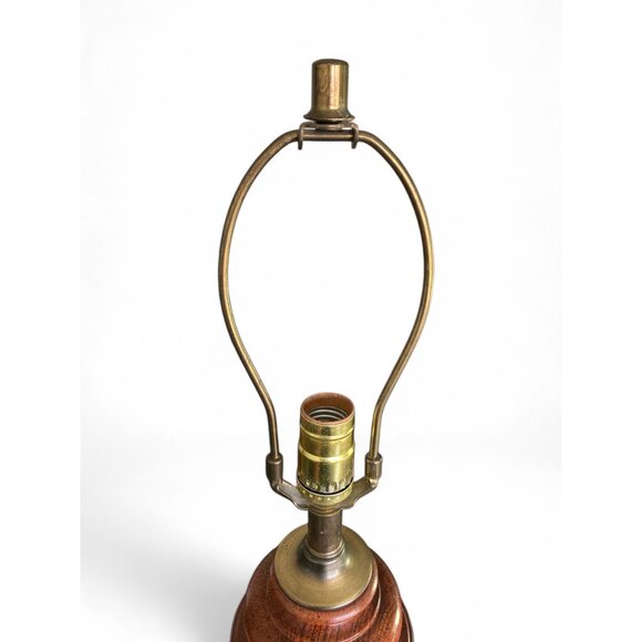 Vintage Mid Century Brass & Wood Table Lamp With Harp & Finial - Picture 3 of 10